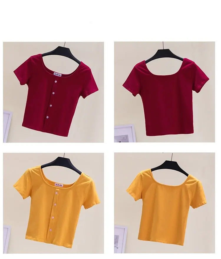 Collarbone Square Neck High Waist Navel T-Shirt Top nowadaysfashion