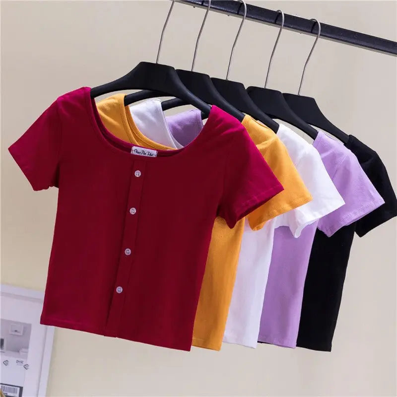 Collarbone Square Neck High Waist Navel T-Shirt Top - Blade & Thread