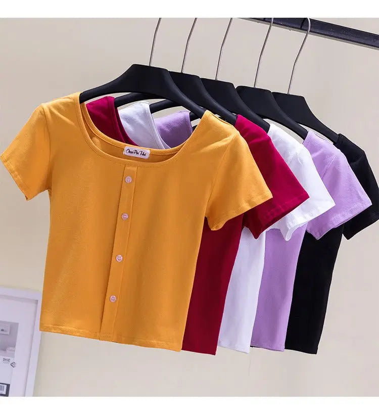 Collarbone Square Neck High Waist Navel T-Shirt Top - Blade & Thread