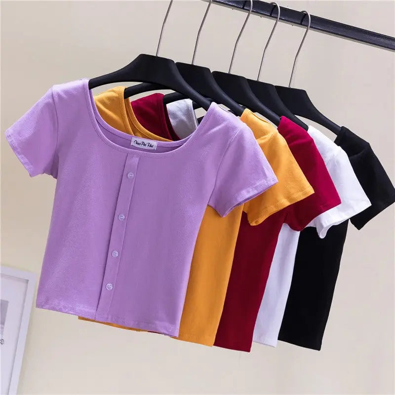 Collarbone Square Neck High Waist Navel T-Shirt Top - Blade & Thread