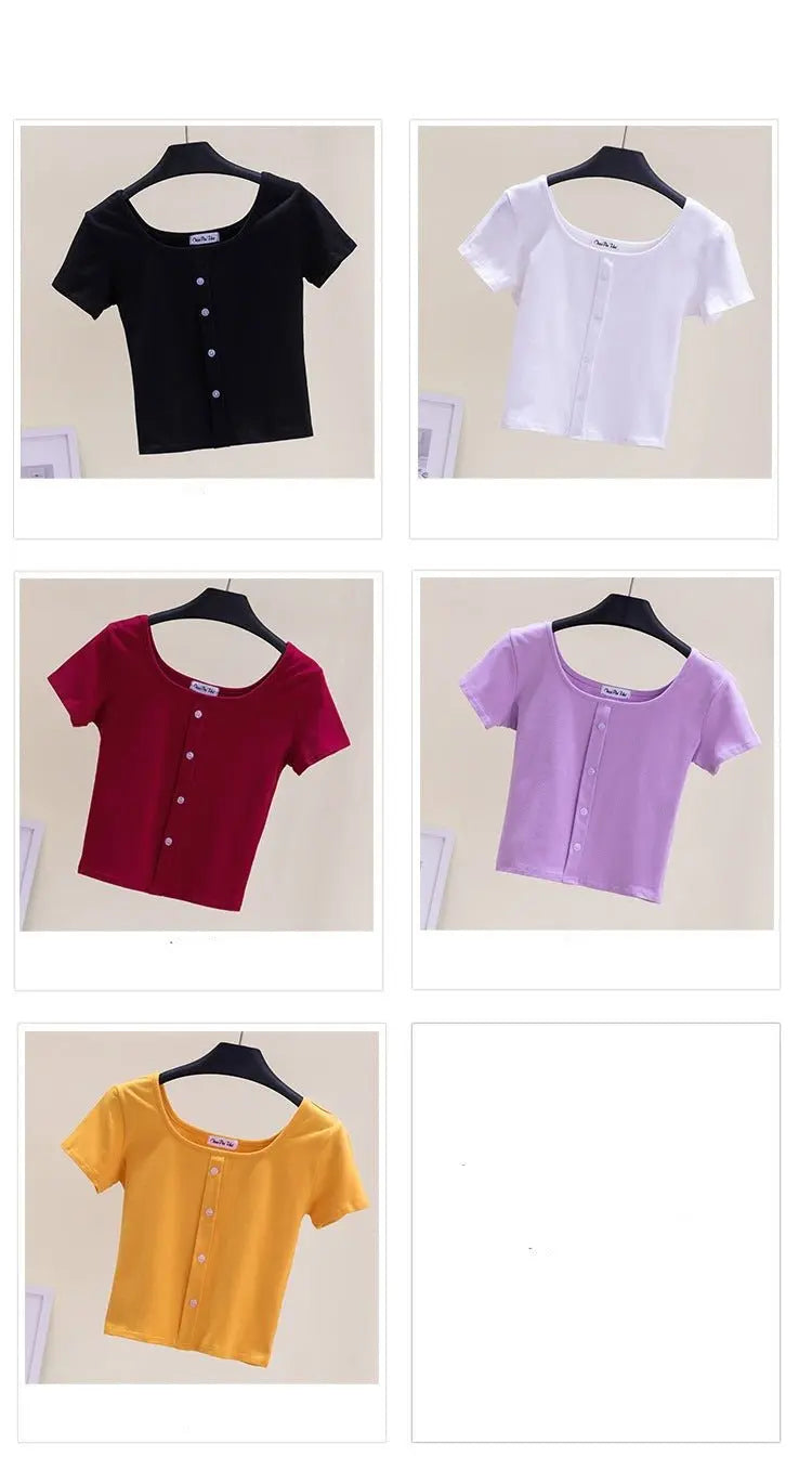 Collarbone Square Neck High Waist Navel T-Shirt Top nowadaysfashion
