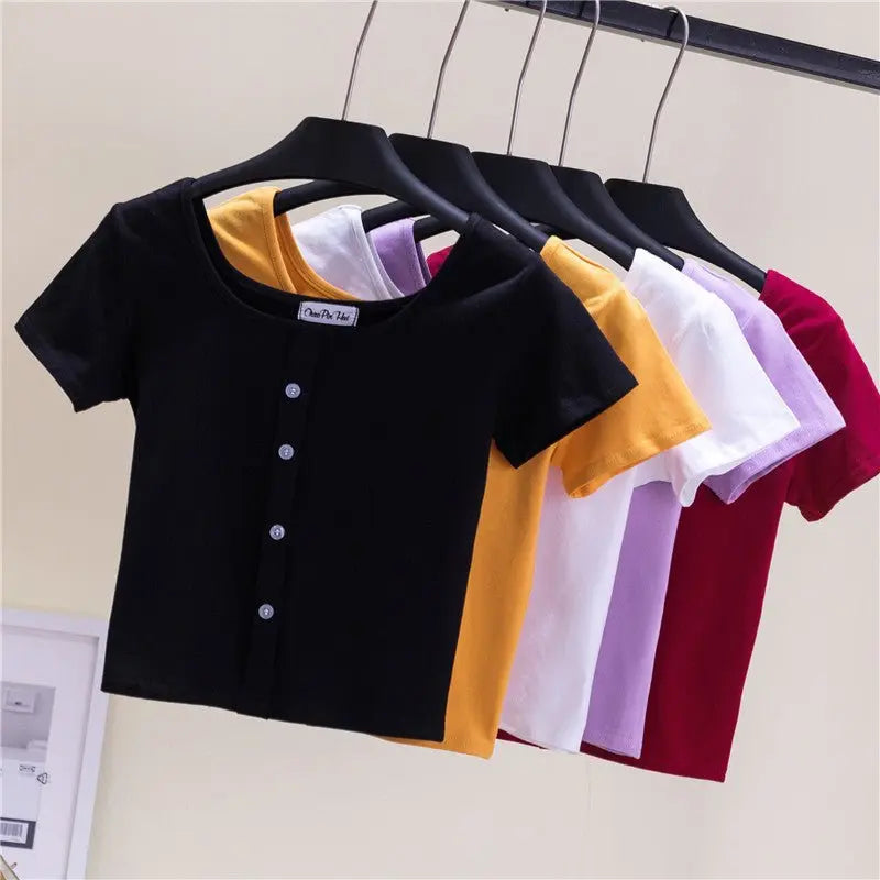 Collarbone Square Neck High Waist Navel T-Shirt Top - Blade & Thread