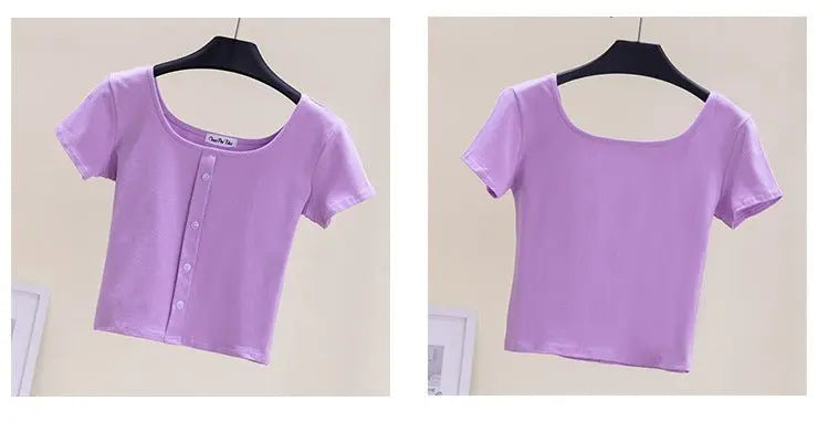 Collarbone Square Neck High Waist Navel T-Shirt Top nowadaysfashion