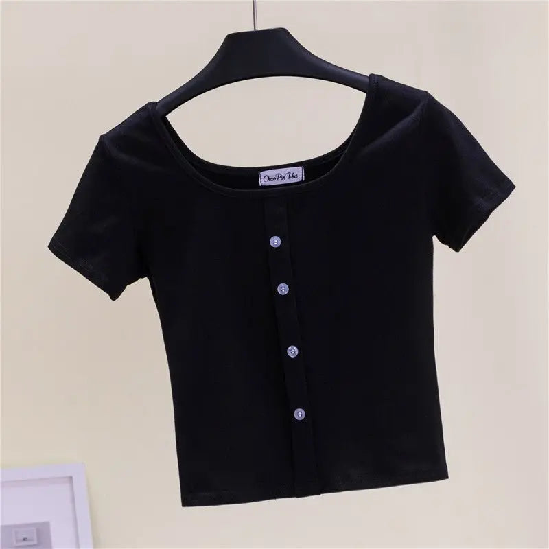 Collarbone Square Neck High Waist Navel T-Shirt Top - Blade & Thread