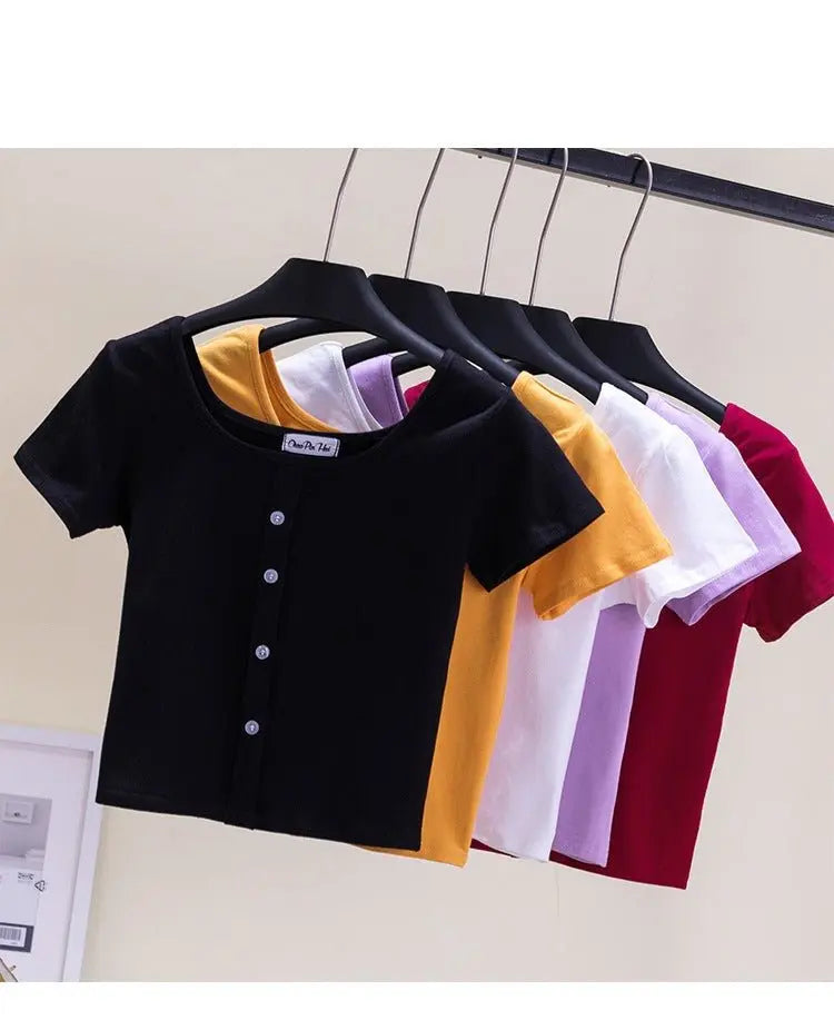 Collarbone Square Neck High Waist Navel T-Shirt Top - Blade & Thread