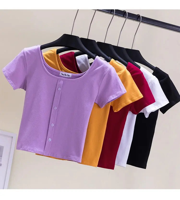 Collarbone Square Neck High Waist Navel T-Shirt Top - Blade & Thread