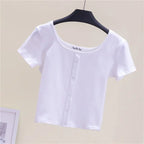 Collarbone Square Neck High Waist Navel T-Shirt Top nowadaysfashion