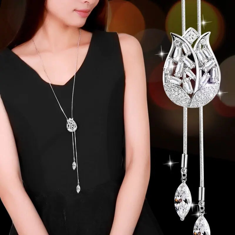 Collier Femme Long Gray Crystal Necklaces & Pendants for Women Round Statement Necklace nowadaysfashion