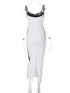 Color Bloack V Neck Sleeveless Slip Slit Sexy Bodycon Maxi Dress Y2K Outfit nowadaysfashion