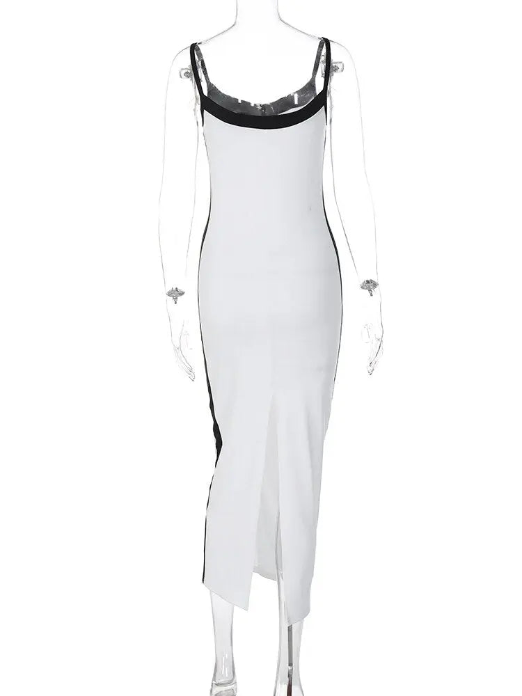 Color Bloack V Neck Sleeveless Slip Slit Sexy Bodycon Maxi Dress Y2K Outfit - Blade & Thread