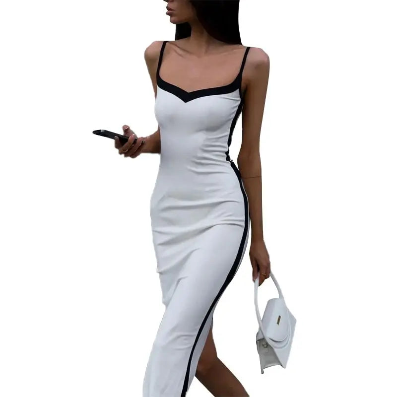 Color Bloack V Neck Sleeveless Slip Slit Sexy Bodycon Maxi Dress Y2K Outfit - Blade & Thread