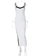 Color Bloack V Neck Sleeveless Slip Slit Sexy Bodycon Maxi Dress Y2K Outfit nowadaysfashion