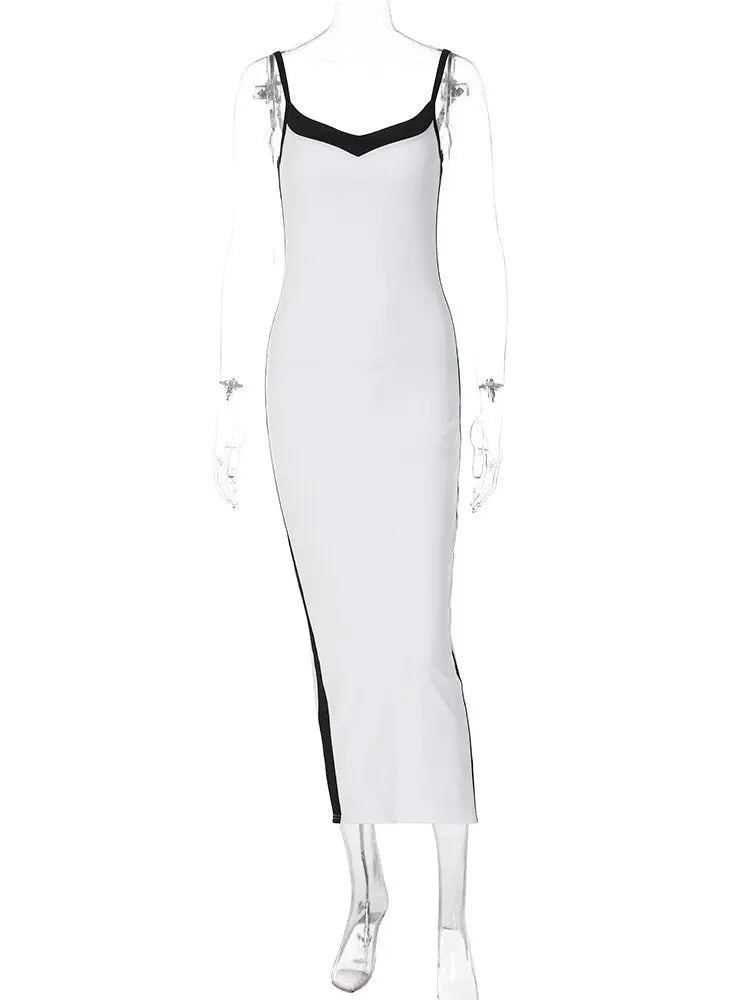 Color Bloack V Neck Sleeveless Slip Slit Sexy Bodycon Maxi Dress Y2K Outfit - Blade & Thread