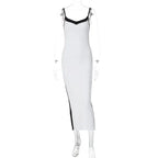 Color Bloack V Neck Sleeveless Slip Slit Sexy Bodycon Maxi Dress Y2K Outfit nowadaysfashion