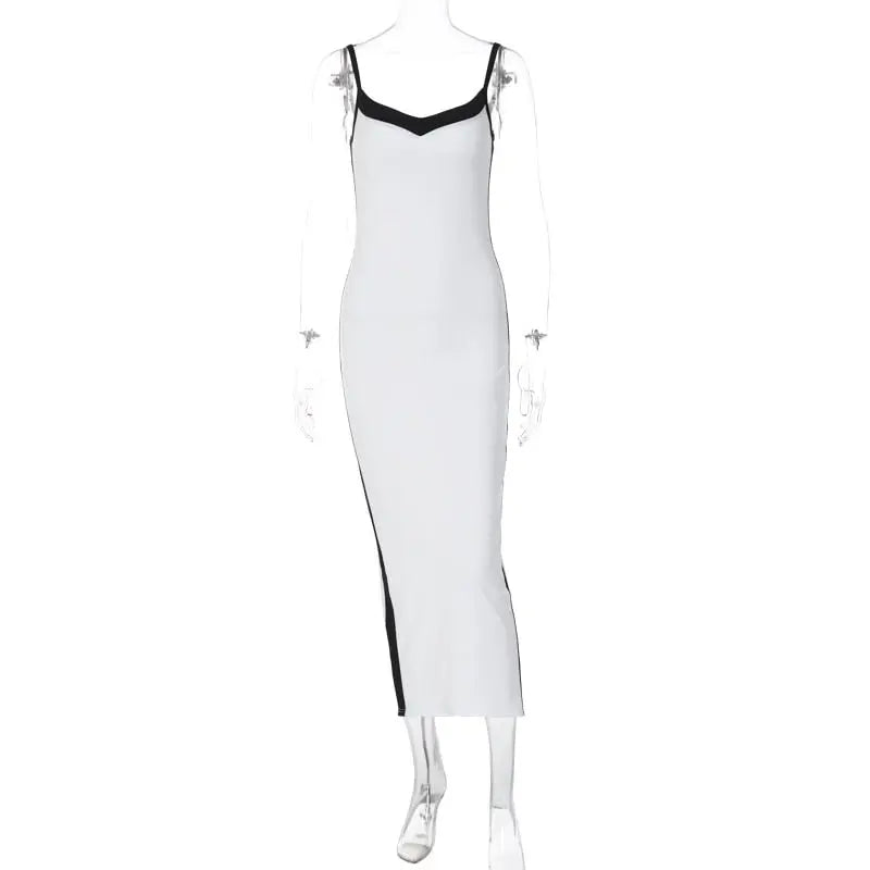Color Bloack V Neck Sleeveless Slip Slit Sexy Bodycon Maxi Dress Y2K Outfit nowadaysfashion