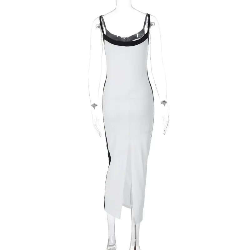 Color Bloack V Neck Sleeveless Slip Slit Sexy Bodycon Maxi Dress Y2K Outfit - Blade & Thread