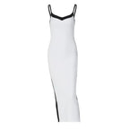 Color Bloack V Neck Sleeveless Slip Slit Sexy Bodycon Maxi Dress Y2K Outfit nowadaysfashion