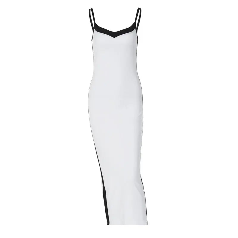 Color Bloack V Neck Sleeveless Slip Slit Sexy Bodycon Maxi Dress Y2K Outfit nowadaysfashion