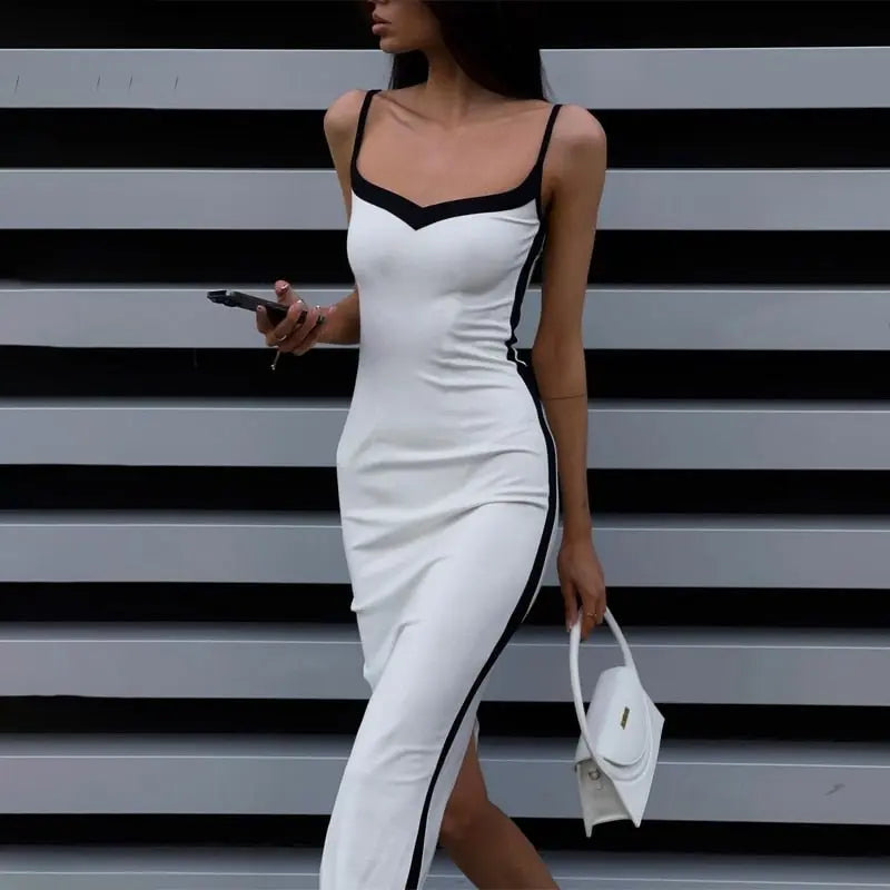 Color Bloack V Neck Sleeveless Slip Slit Sexy Bodycon Maxi Dress Y2K Outfit - Blade & Thread