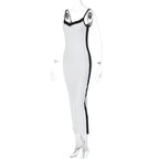 Color Bloack V Neck Sleeveless Slip Slit Sexy Bodycon Maxi Dress Y2K Outfit nowadaysfashion