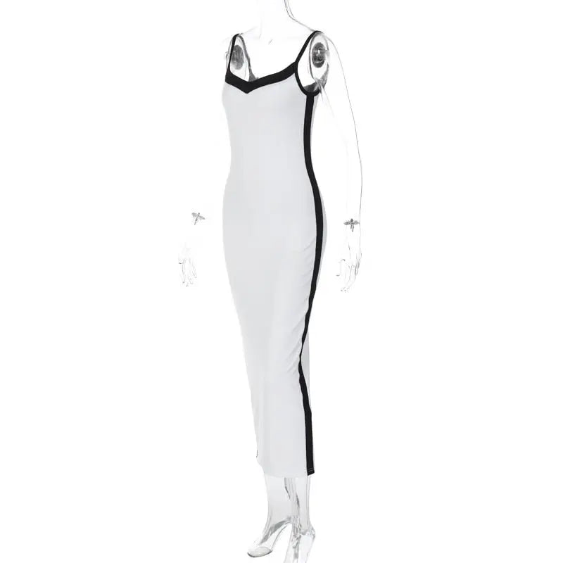 Color Bloack V Neck Sleeveless Slip Slit Sexy Bodycon Maxi Dress Y2K Outfit nowadaysfashion