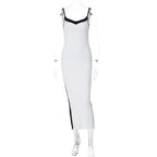Color Bloack V Neck Sleeveless Slip Slit Sexy Bodycon Maxi Dress Y2K Outfit nowadaysfashion