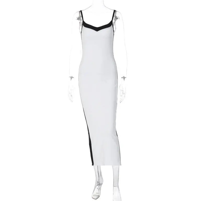 Color Bloack V Neck Sleeveless Slip Slit Sexy Bodycon Maxi Dress Y2K Outfit - Blade & Thread