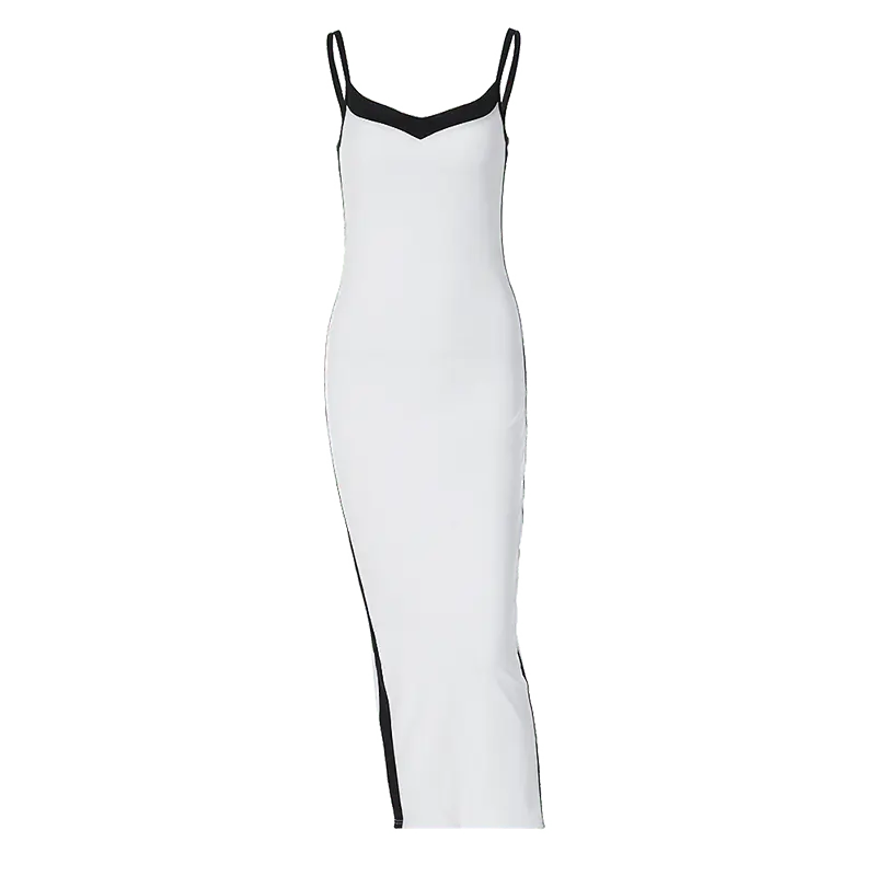Color Bloack V Neck Sleeveless Slip Slit Sexy Bodycon Maxi Dress Y2K Outfit nowadaysfashion