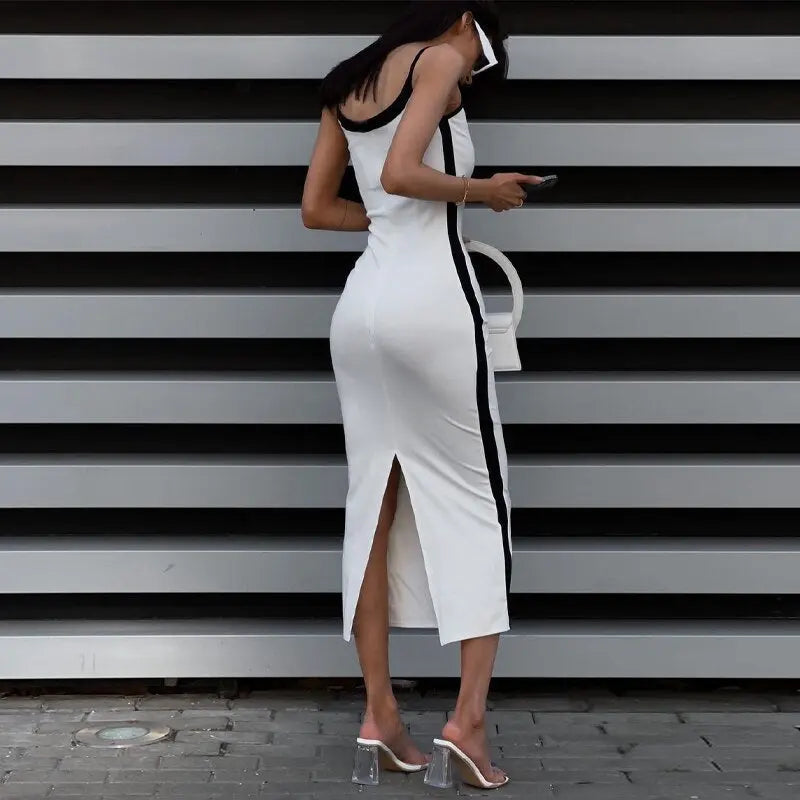 Color Bloack V Neck Sleeveless Slip Slit Sexy Bodycon Maxi Dress Y2K Outfit - Blade & Thread