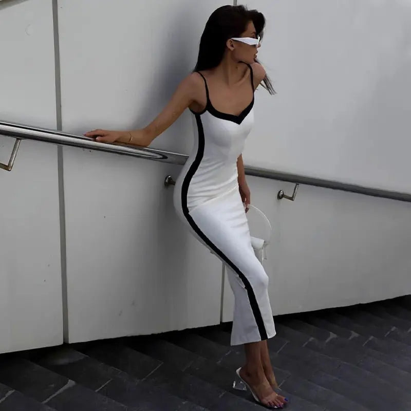 Color Bloack V Neck Sleeveless Slip Slit Sexy Bodycon Maxi Dress Y2K Outfit - Blade & Thread