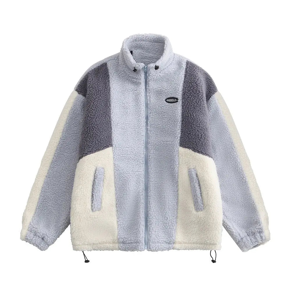 Color Block Patchwork Cotton Thick Warm Varsity Fuzzy Coat Jackets - Blade & Thread