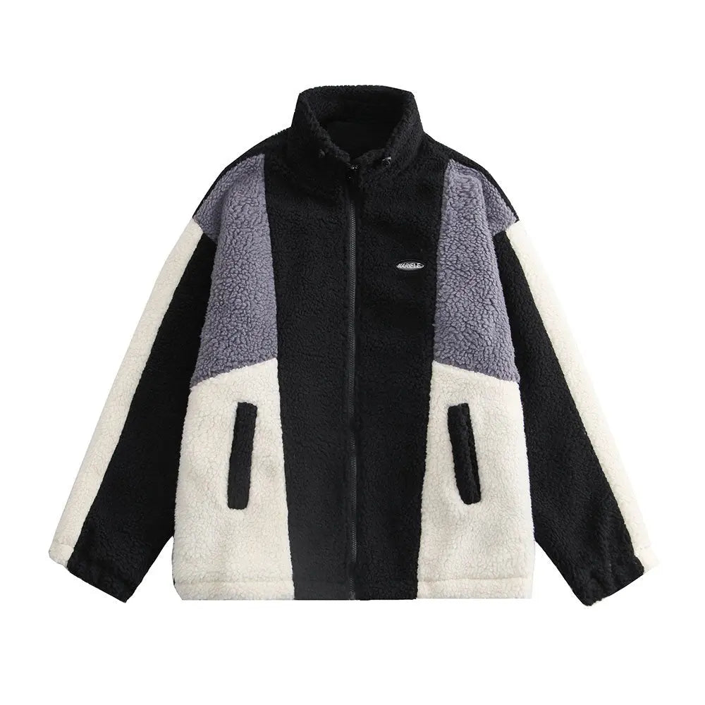 Color Block Patchwork Cotton Thick Warm Varsity Fuzzy Coat Jackets - Blade & Thread