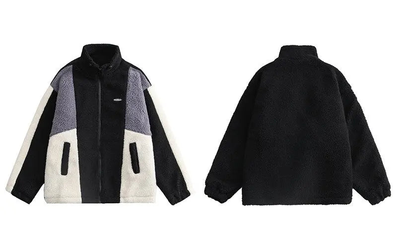 Color Block Patchwork Cotton Thick Warm Varsity Fuzzy Coat Jackets - Blade & Thread