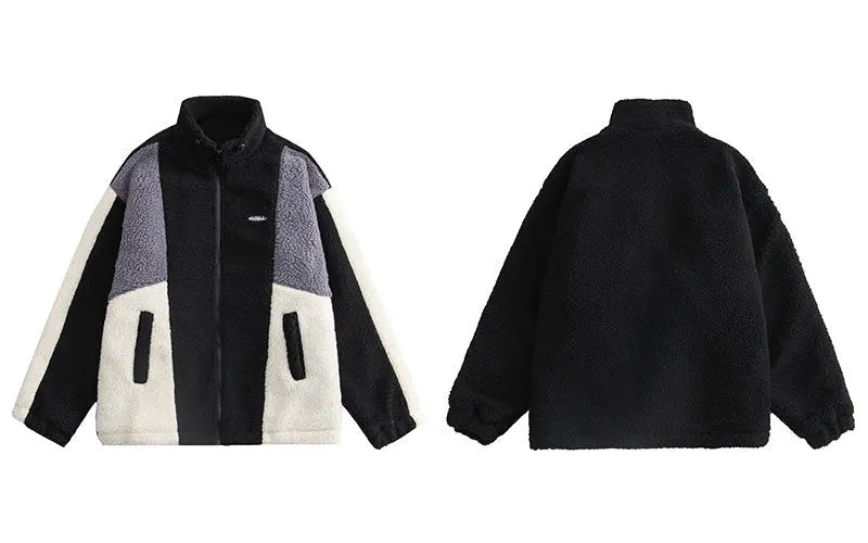 Color Block Patchwork Cotton Thick Warm Varsity Fuzzy Coat Jackets nowadaysfashion