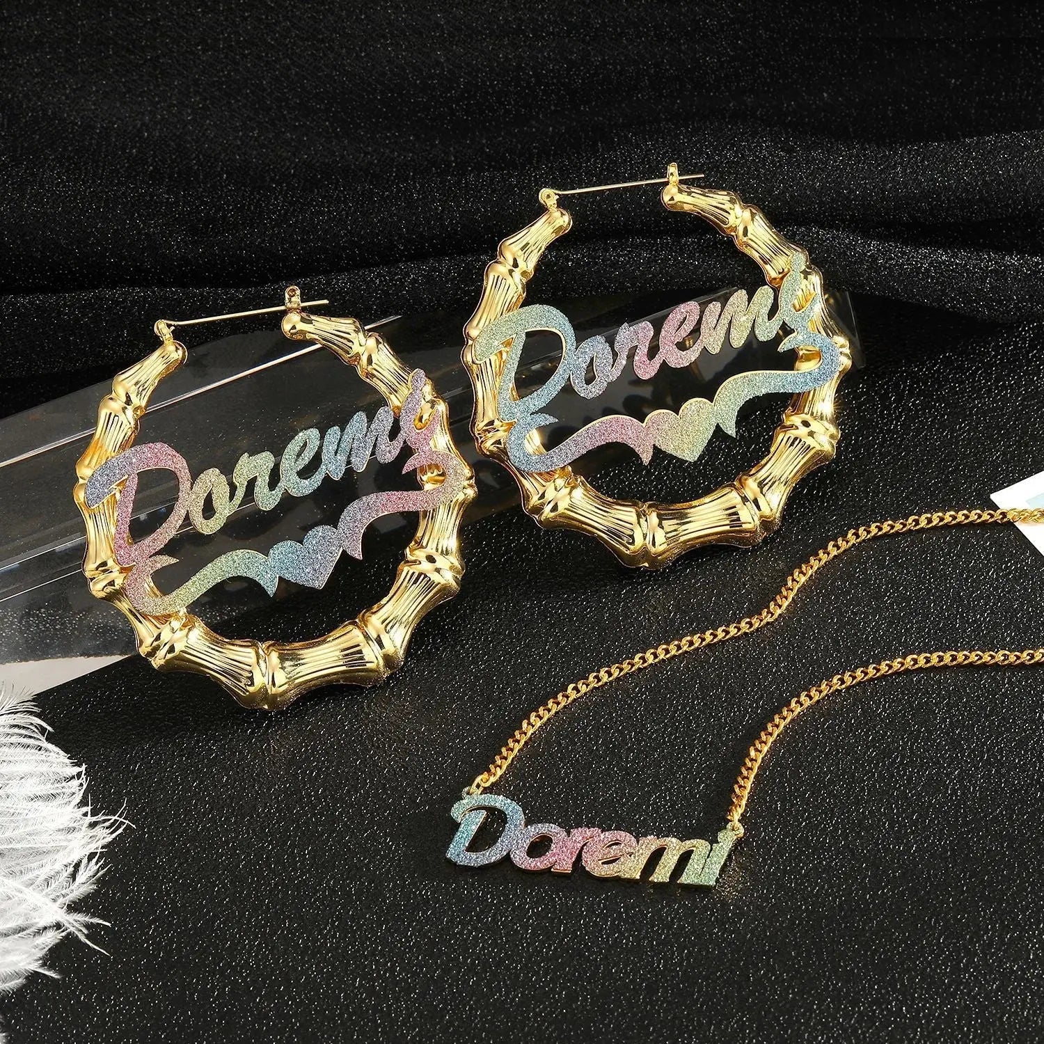 Colorful Name Necklace DIY Titanium Steel Glitter Pink Pendant - Blade & Thread