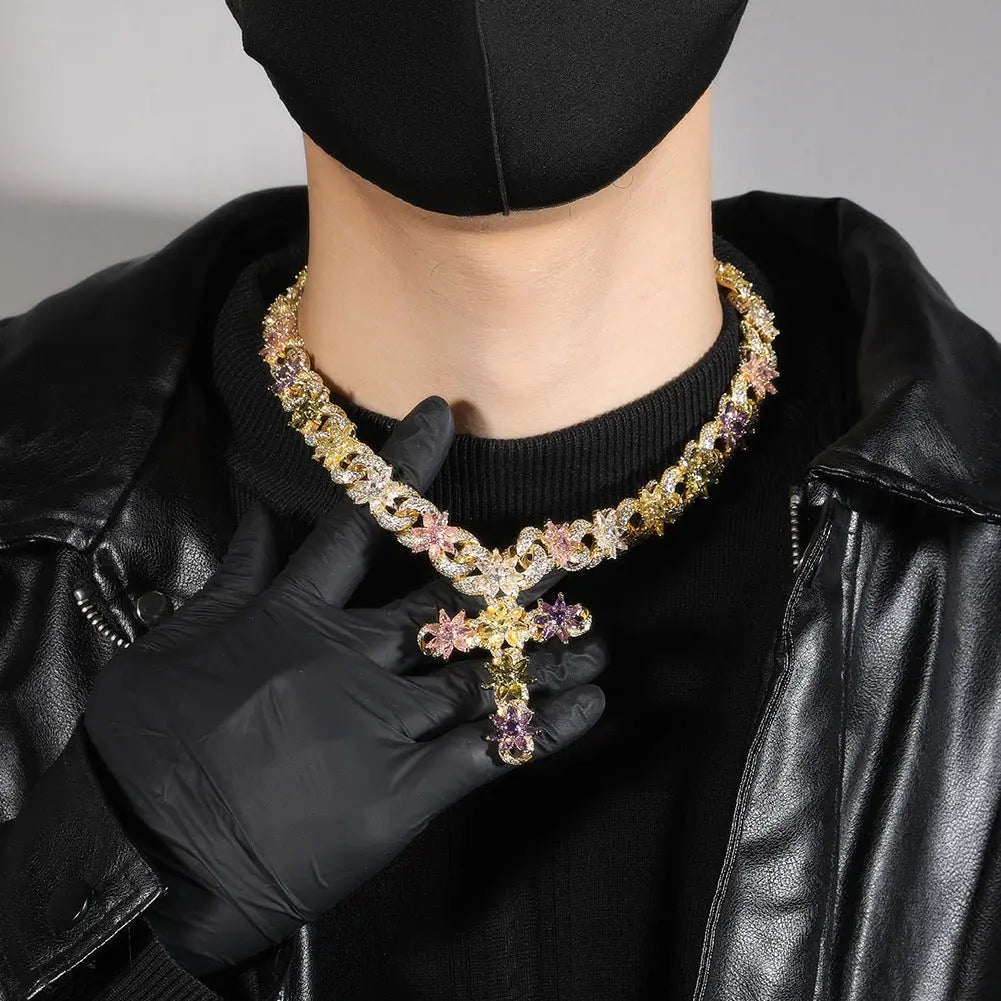 Colorful zircon ice flower cross necklace nowadaysfashion