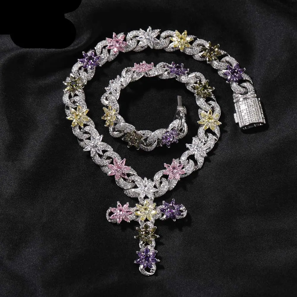 Colorful zircon ice flower cross necklace - Blade & Thread