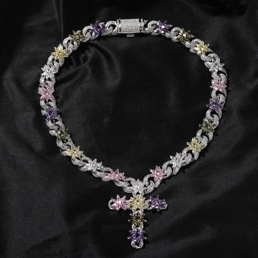 Colorful zircon ice flower cross necklace - Blade & Thread