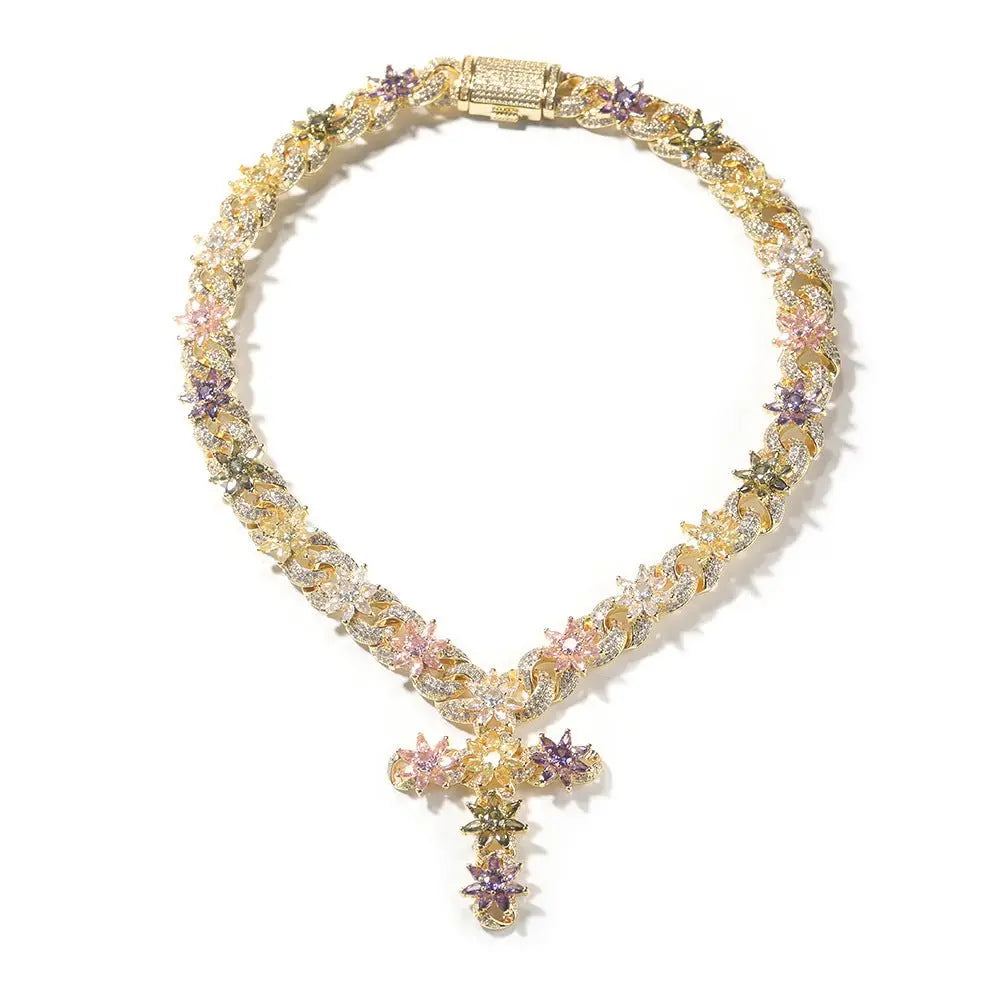 Colorful zircon ice flower cross necklace - Blade & Thread