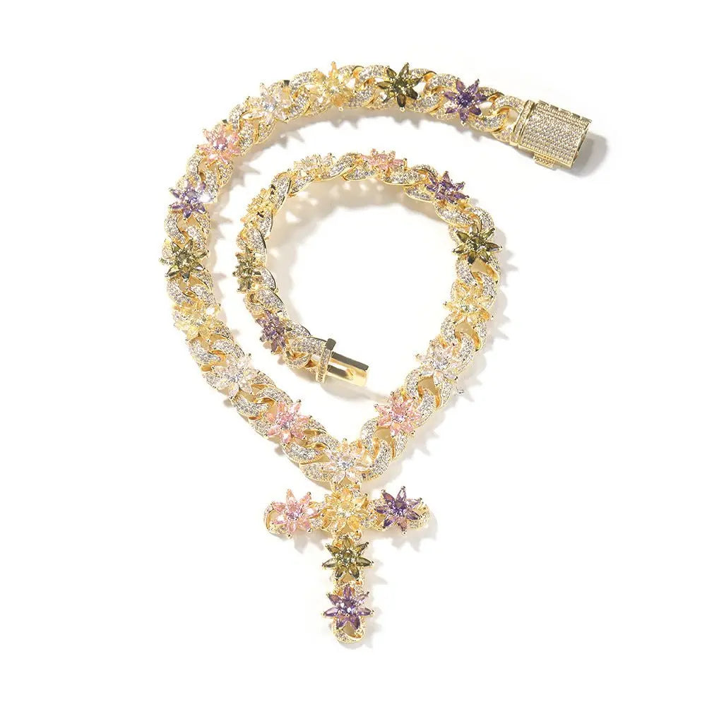 Colorful zircon ice flower cross necklace - Blade & Thread