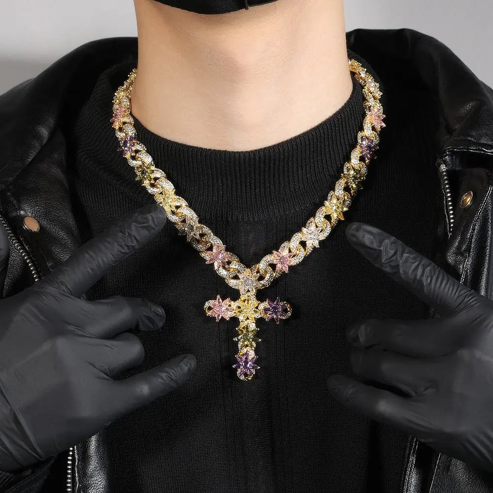 Colorful zircon ice flower cross necklace - Blade & Thread