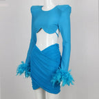 Commuting temperament feather long-sleeved dress French dress nowadaysfashion