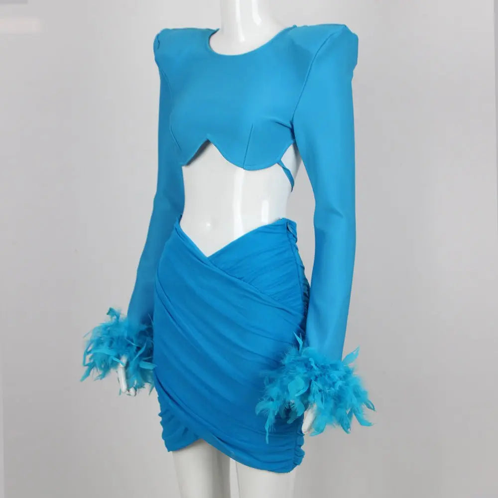 Commuting temperament feather long-sleeved dress French dress nowadaysfashion