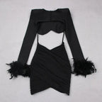 Commuting temperament feather long-sleeved dress French dress nowadaysfashion