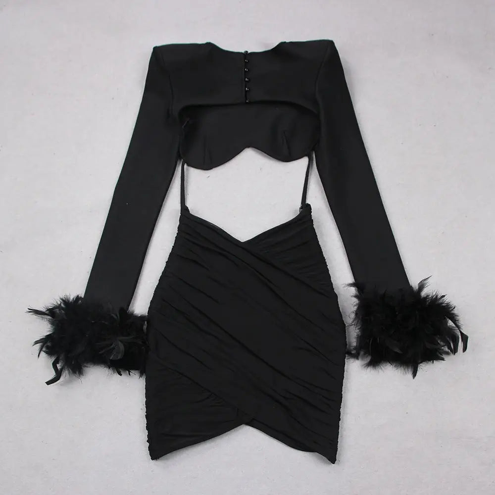 Commuting temperament feather long-sleeved dress French dress nowadaysfashion