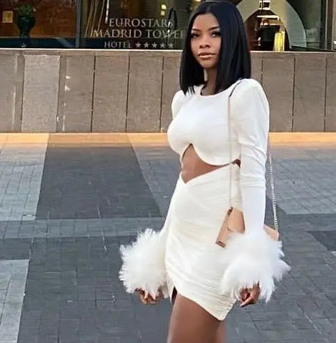 Commuting temperament feather long-sleeved dress French dress - Blade & Thread