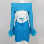 Commuting temperament feather long-sleeved dress French dress nowadaysfashion