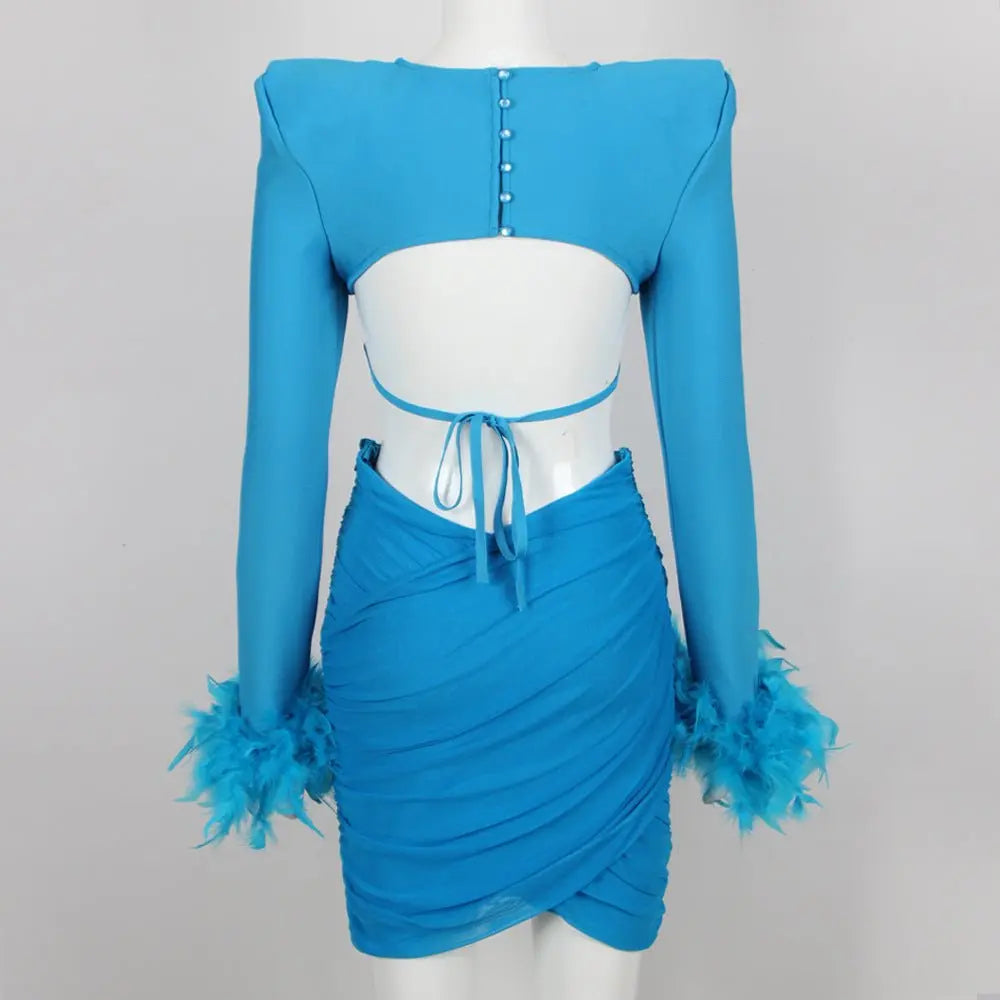 Commuting temperament feather long-sleeved dress French dress nowadaysfashion