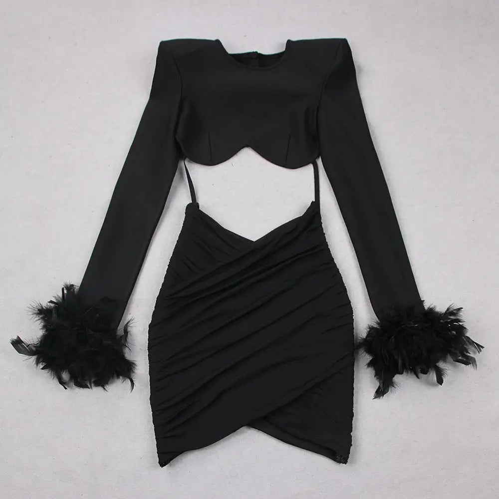 Commuting temperament feather long-sleeved dress French dress nowadaysfashion