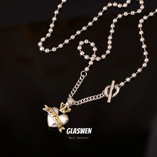 contrast heart pendant crown necklace nowadaysfashion